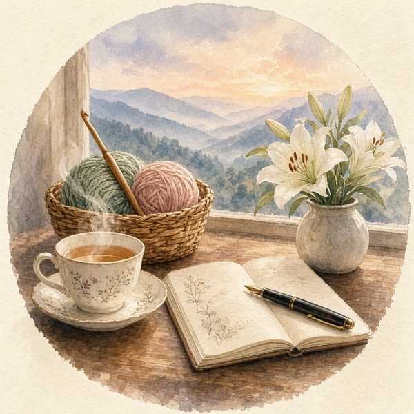 Watercolor of a teacup, a basket of yarn with a crochet hook, an open notebook, and white lilies on a windowsill overlooking misty mountains